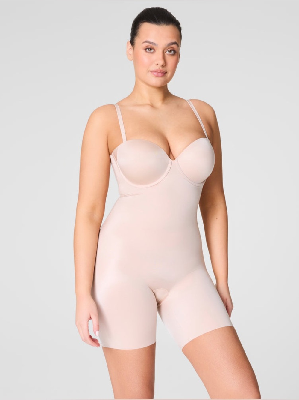 SPANX NEW Strapless Cupped Mid-Thigh Bodysuit Shapewear Champagne Beige Sz Small